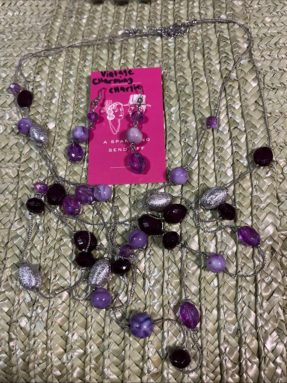 Charming Charlie Purple and Silver Layered Bead Necklace with Matching Earrings